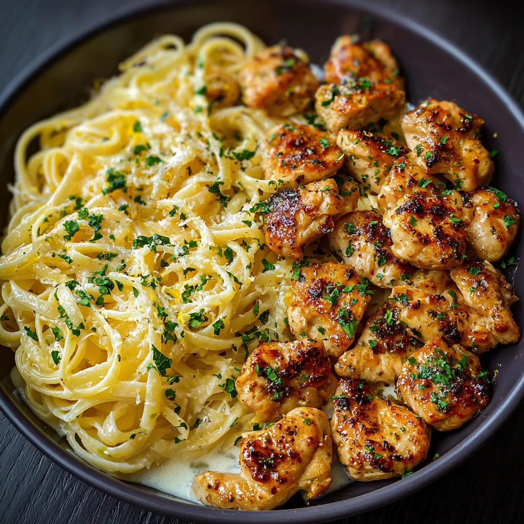 Poulet doré au beurre citronné servi avec linguines en sauce crémeuse au parmesan