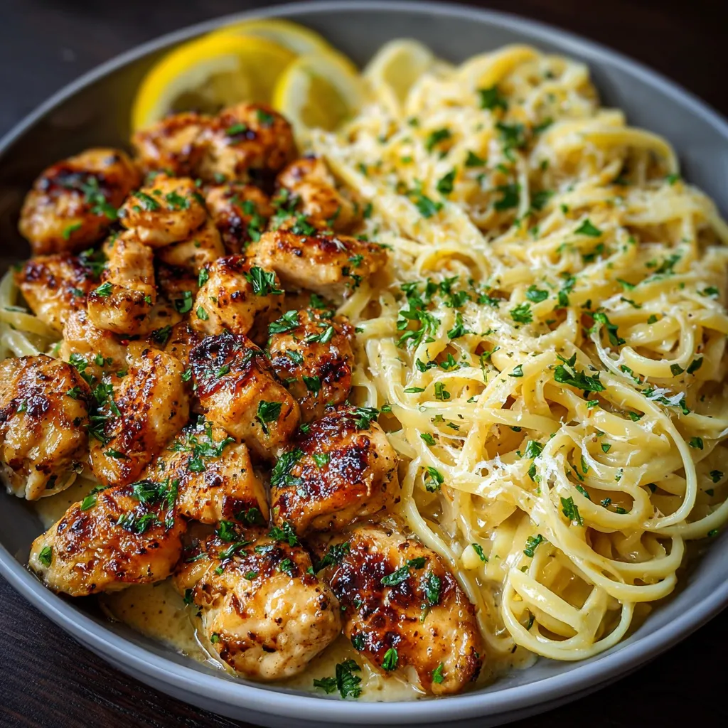 Poulet doré au beurre citronné servi avec linguines en sauce crémeuse au parmesan