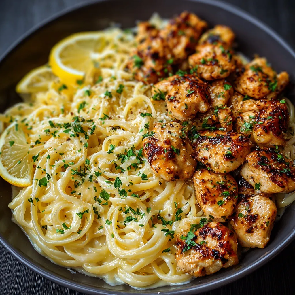 Poulet doré au beurre citronné servi avec linguines en sauce crémeuse au parmesan