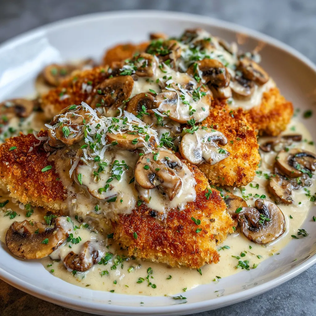 Poulet croustillant doré avec sauce crémeuse aux champignons et parmesan