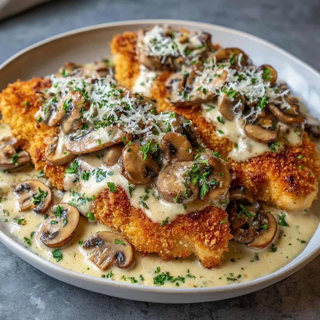 Poulet croustillant doré avec sauce crémeuse aux champignons et parmesan