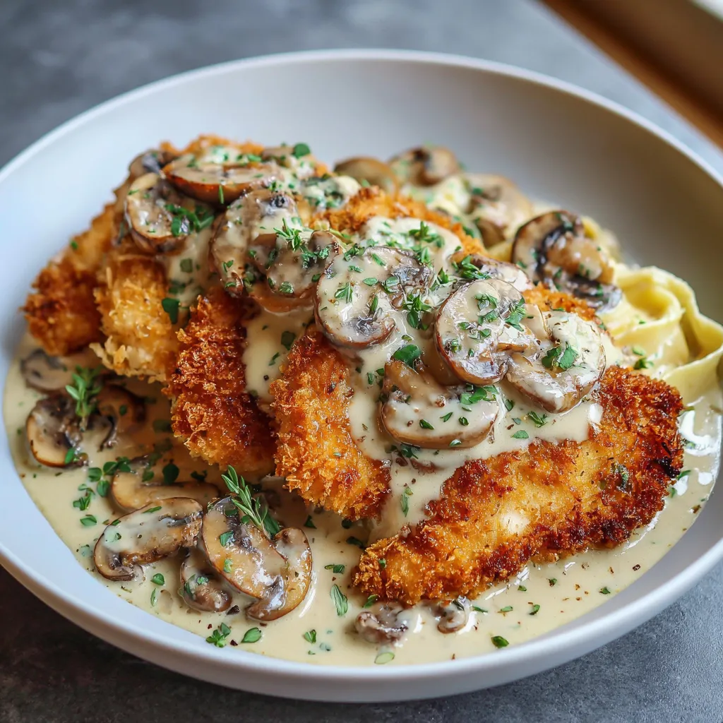 Poulet croustillant doré avec sauce crémeuse aux champignons et parmesan