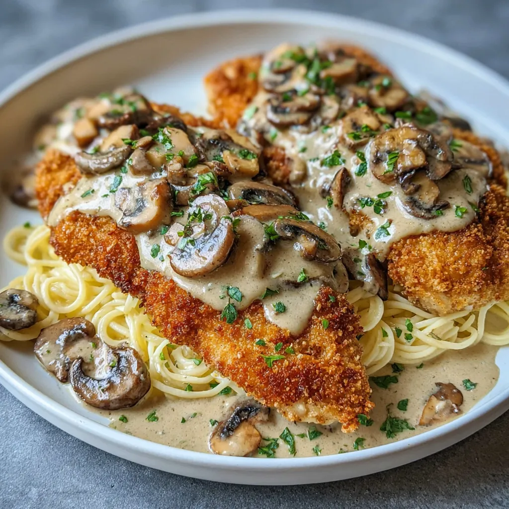 Poulet croustillant doré avec sauce crémeuse aux champignons et parmesan