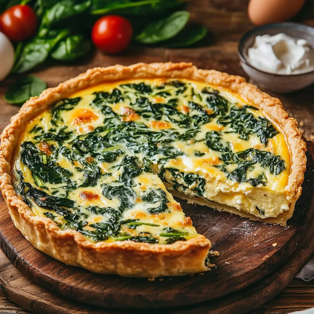 Quiche légère sans pâte aux épinards et feta servie dans un plat à gratin doré au four
