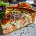 Quiche dorée au saumon fumé et fromage Boursin cuite dans un moule à tarte