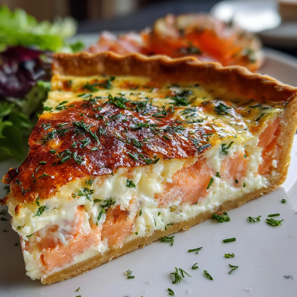 Quiche dorée au saumon fumé et fromage Boursin cuite dans un moule à tarte