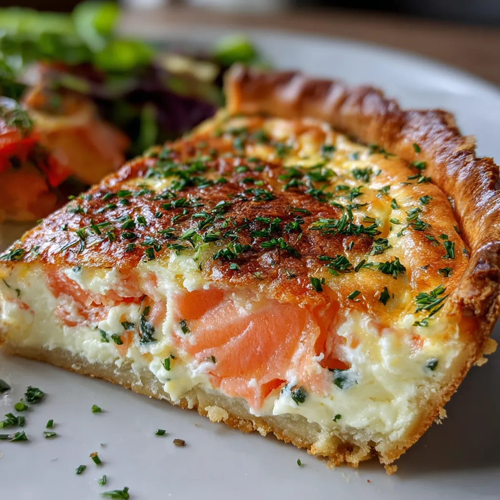 Quiche dorée au saumon fumé et fromage Boursin cuite dans un moule à tarte