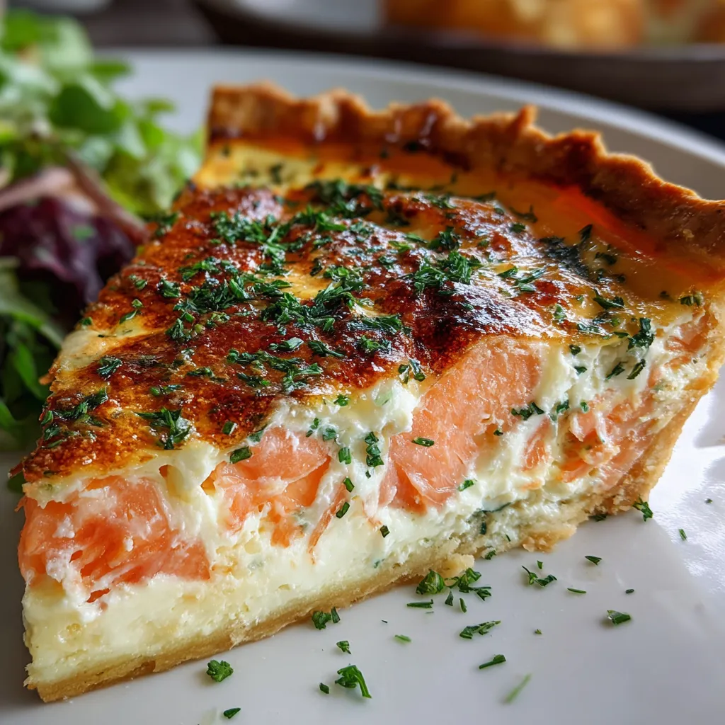Quiche dorée au saumon fumé et fromage Boursin cuite dans un moule à tarte