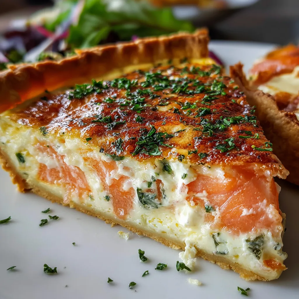 Quiche dorée au saumon fumé et fromage Boursin cuite dans un moule à tarte