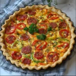 Quiche maison aux poivrons colorés et chorizo, servie chaude avec une salade verte
