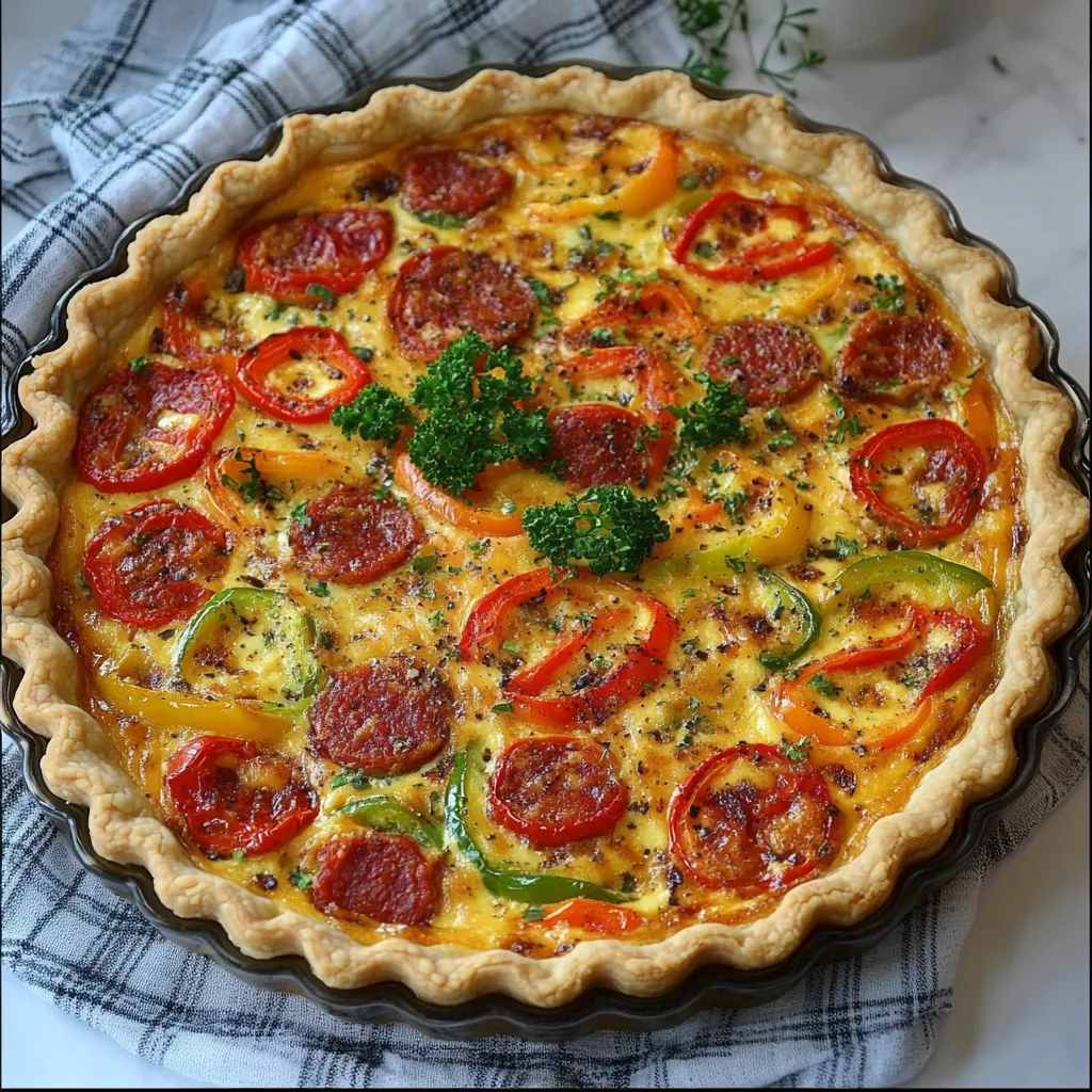 Quiche maison aux poivrons colorés et chorizo, servie chaude avec une salade verte