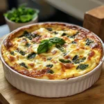 Quiche sans pâte dorée au four avec épinards, feta et oignons dans un plat en céramique
