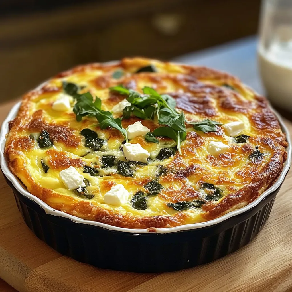 Quiche sans pâte dorée au four avec épinards, feta et oignons dans un plat en céramique