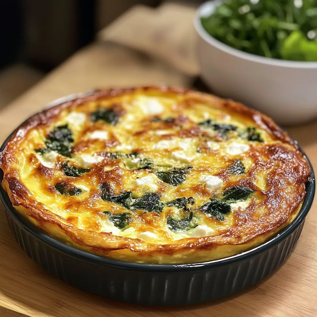 Quiche sans pâte dorée au four avec épinards, feta et oignons dans un plat en céramique