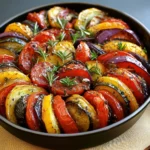 Assiette de ratatouille rôtie au four avec légumes colorés et herbes de Provence