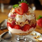 Verrines de parfait à la fraise avec chantilly maison, décorées de menthe et fraises entières