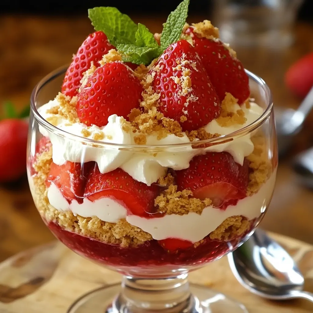 Verrines de parfait à la fraise avec chantilly maison, décorées de menthe et fraises entières