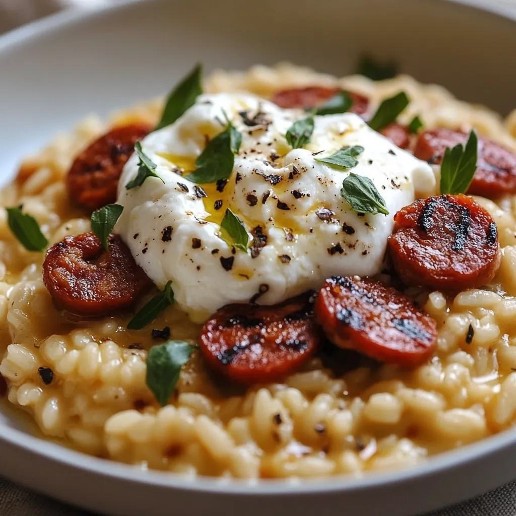 Assiette de risotto crémeux garni de chorizo grillé, burrata fondante et feuilles de basilic