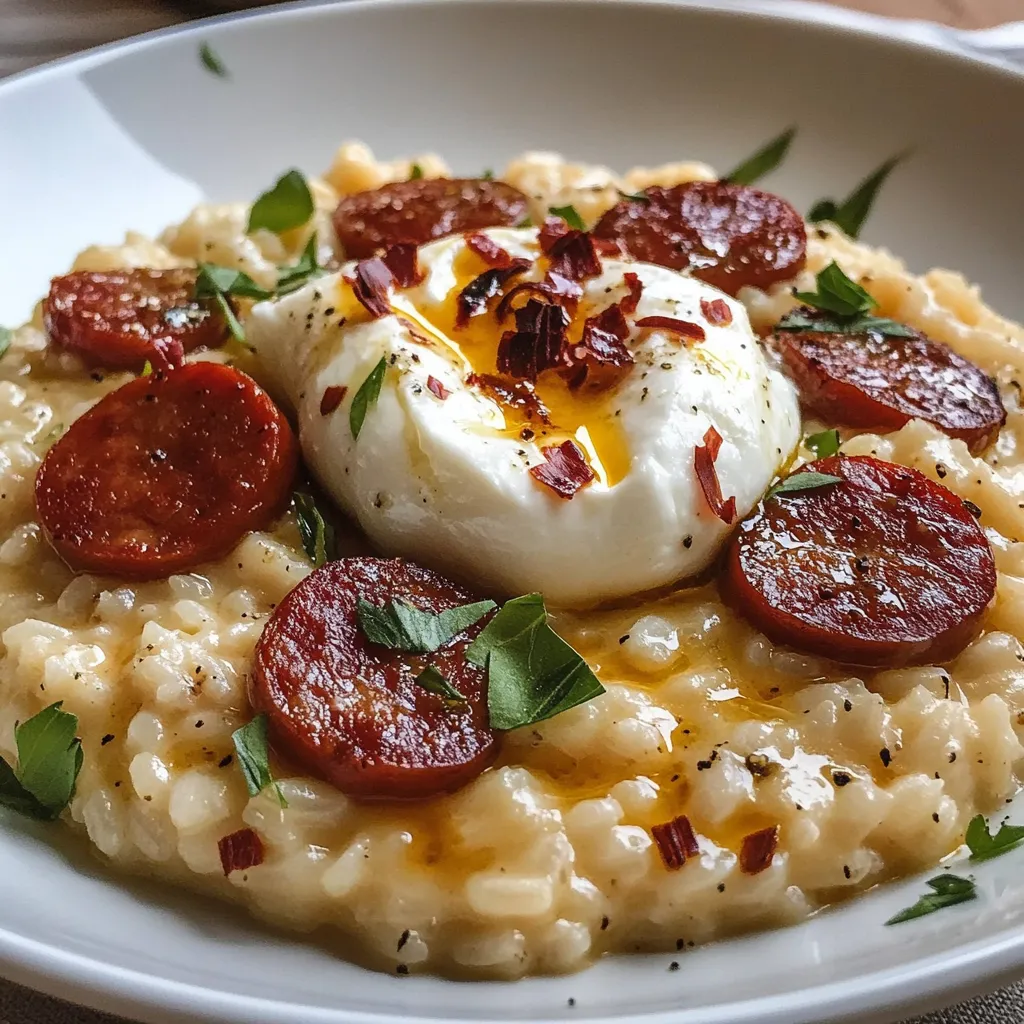 Assiette de risotto crémeux garni de chorizo grillé, burrata fondante et feuilles de basilic