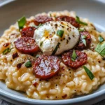 Assiette de risotto crémeux garni de chorizo grillé, burrata fondante et feuilles de basilic