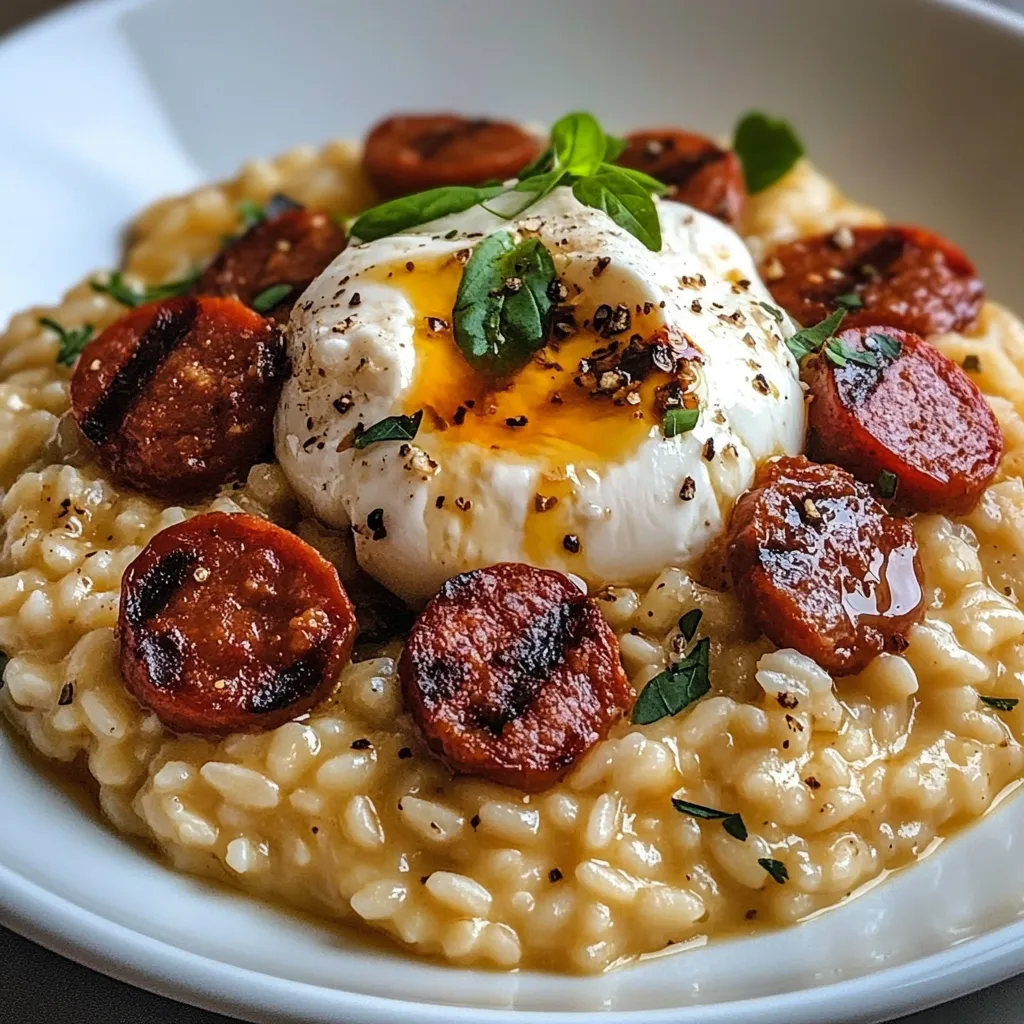 Assiette de risotto crémeux garni de chorizo grillé, burrata fondante et feuilles de basilic
