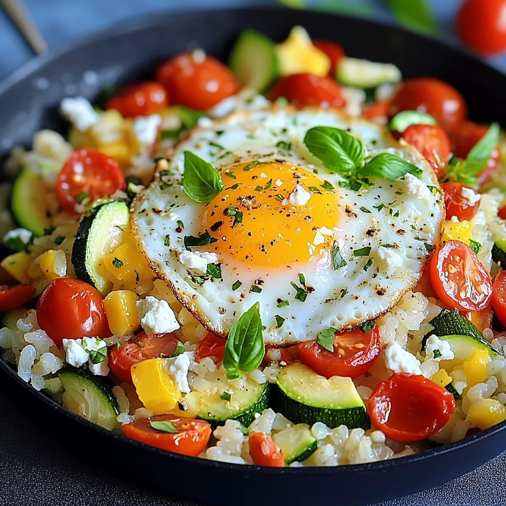 Riz sauté aux courgettes, tomates cerises et œuf au plat sur une assiette blanche