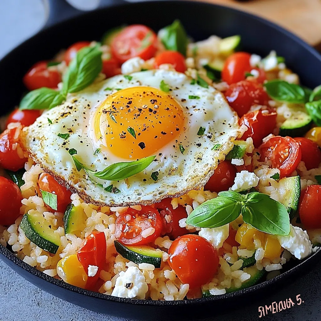 Riz sauté aux courgettes, tomates cerises et œuf au plat sur une assiette blanche