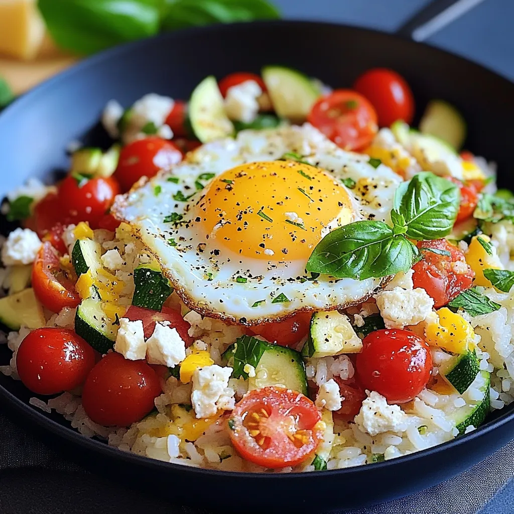 Riz sauté aux courgettes, tomates cerises et œuf au plat sur une assiette blanche