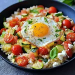 Riz sauté aux courgettes, tomates cerises et œuf au plat sur une assiette blanche