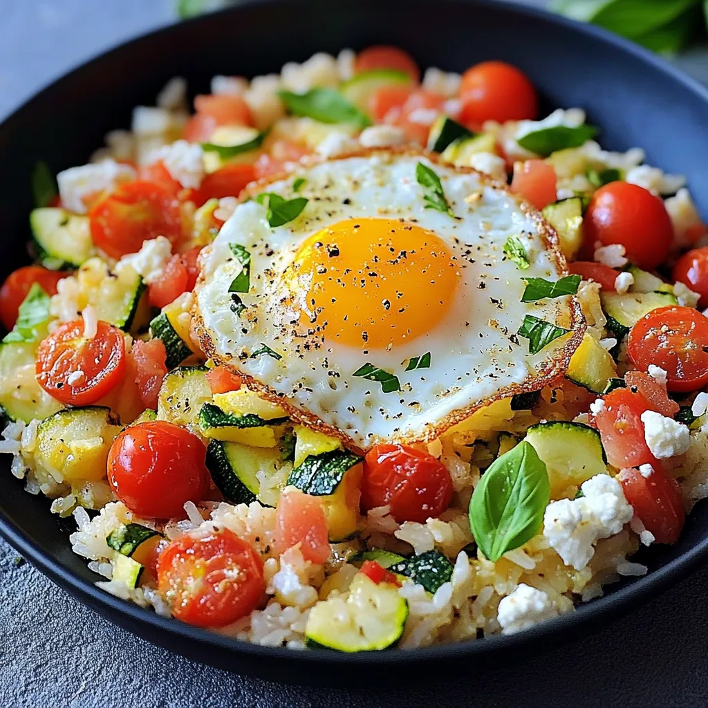 Riz sauté aux courgettes, tomates cerises et œuf au plat sur une assiette blanche