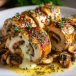 Roulades de poulet farcies aux champignons et fromage fondant servies dans une assiette