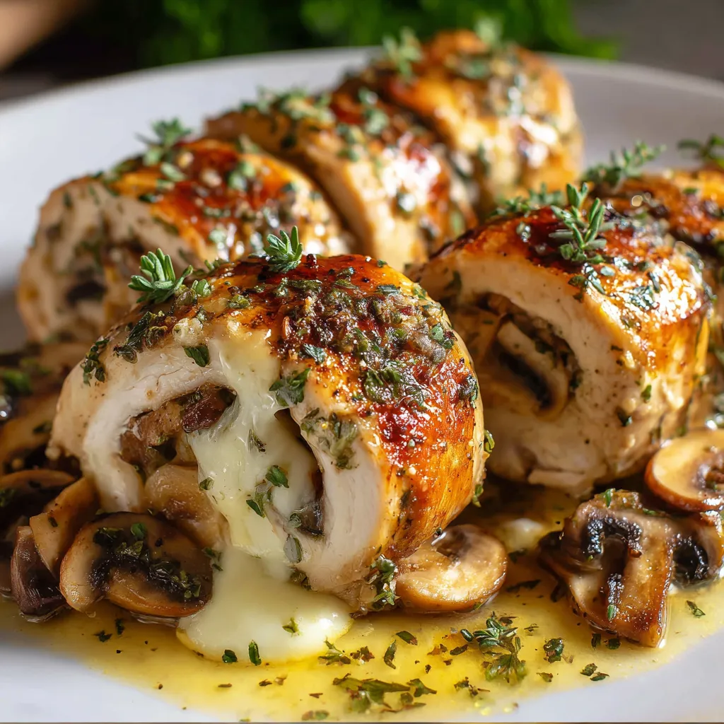 Roulades de poulet farcies aux champignons et fromage fondant servies dans une assiette