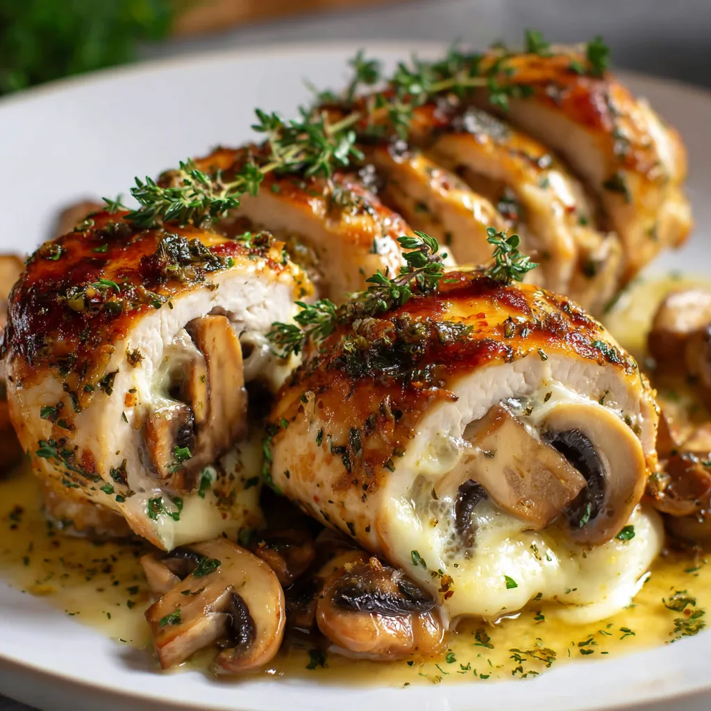 Roulades de poulet farcies aux champignons et fromage fondant servies dans une assiette