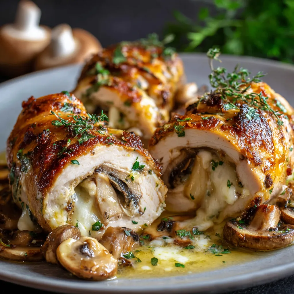 Roulades de poulet farcies aux champignons et fromage fondant servies dans une assiette