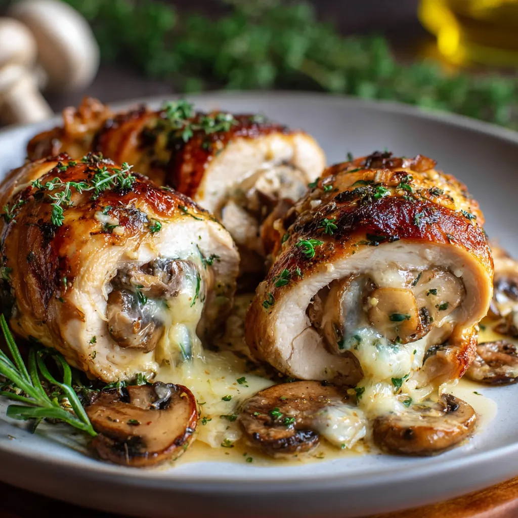 Roulades de poulet farcies aux champignons et fromage fondant servies dans une assiette