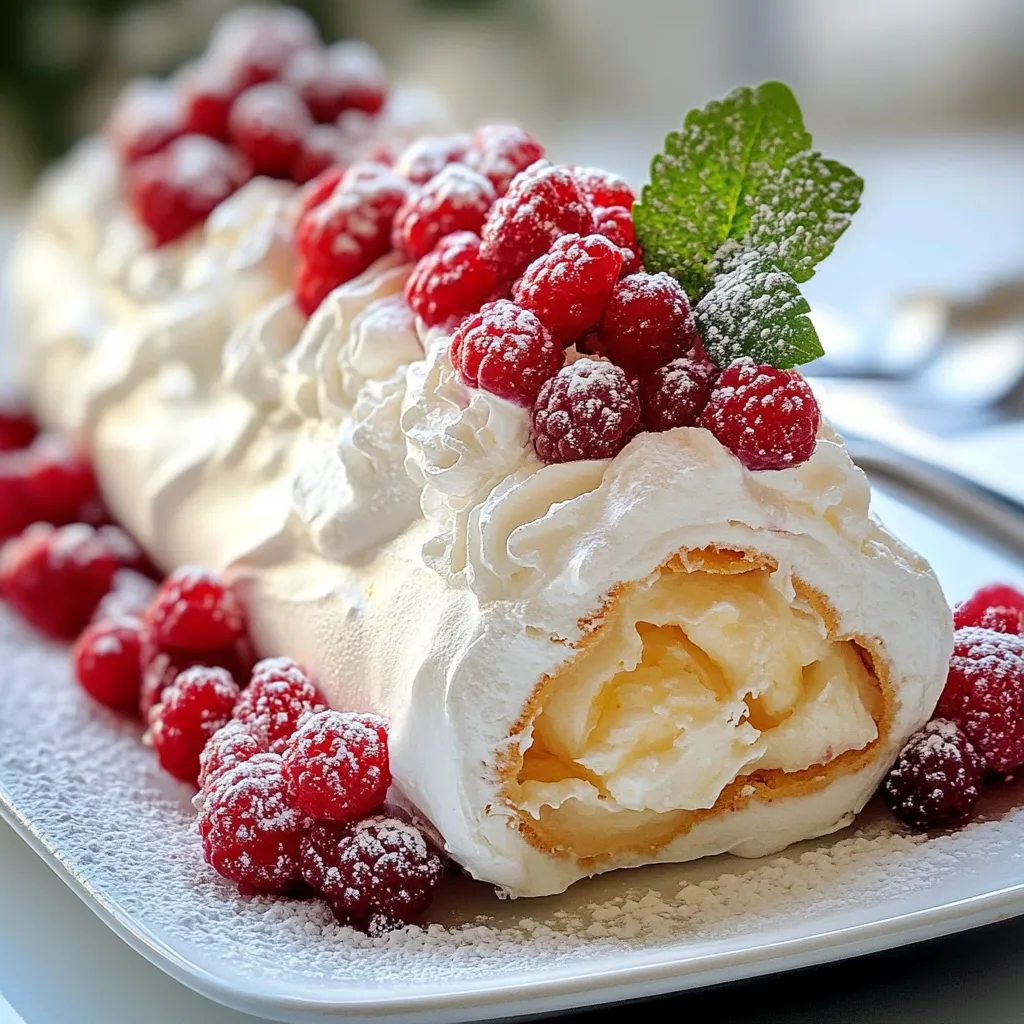 Roulé pavlova aux fruits rouges avec crème mascarpone et décoration de fruits frais
