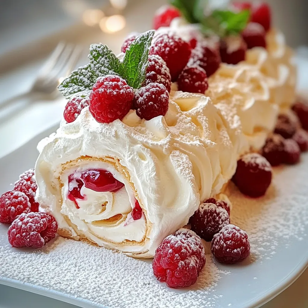 Roulé pavlova aux fruits rouges avec crème mascarpone et décoration de fruits frais