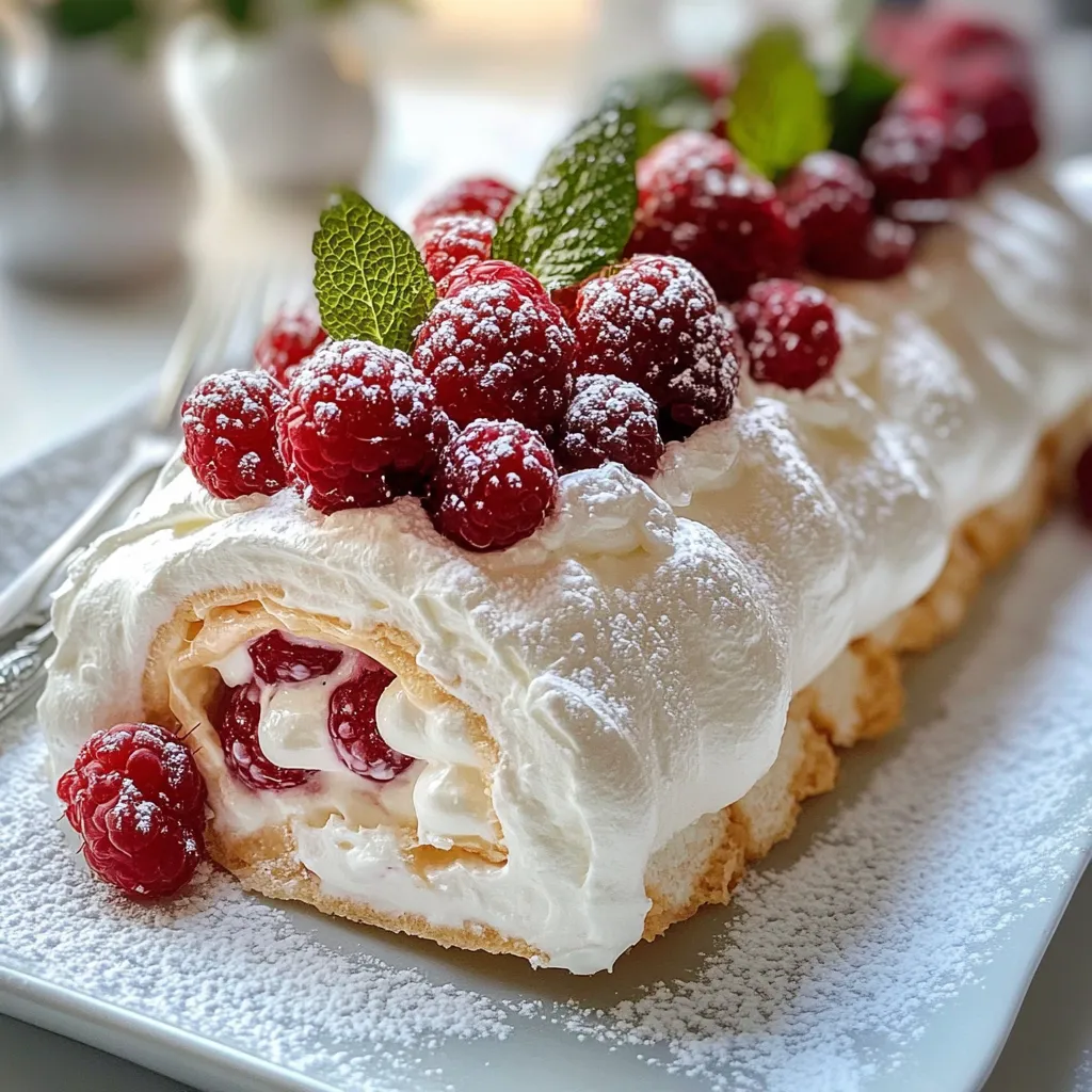 Roulé pavlova aux fruits rouges avec crème mascarpone et décoration de fruits frais
