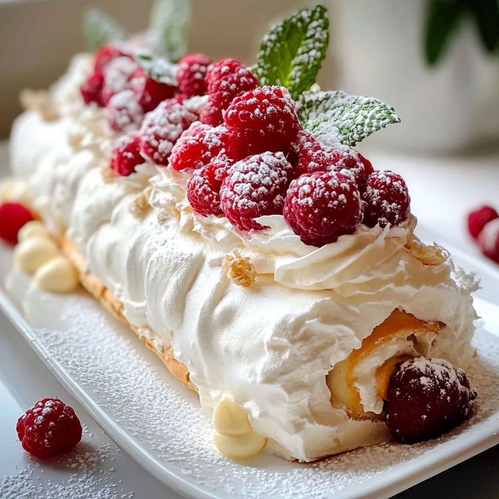 Roulé pavlova aux fruits rouges avec crème mascarpone et décoration de fruits frais