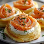 Roulés feuilletés dorés au saumon fumé et fromage frais sur une plaque de cuisson