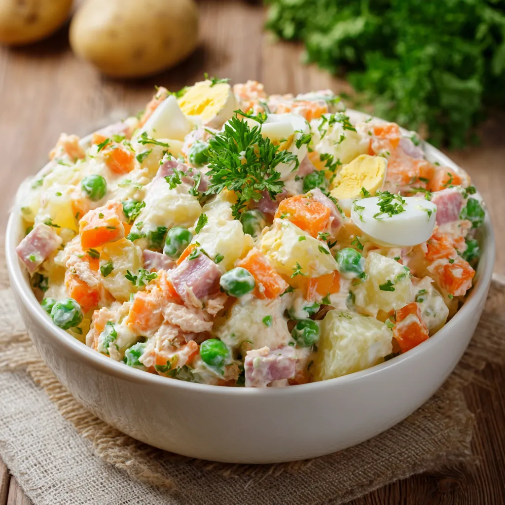Salade russe colorée avec œufs, pommes de terre, carottes et mayonnaise, servie dans un grand plat