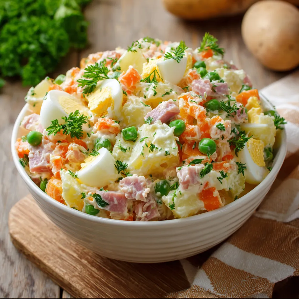 Salade russe colorée avec œufs, pommes de terre, carottes et mayonnaise, servie dans un grand plat