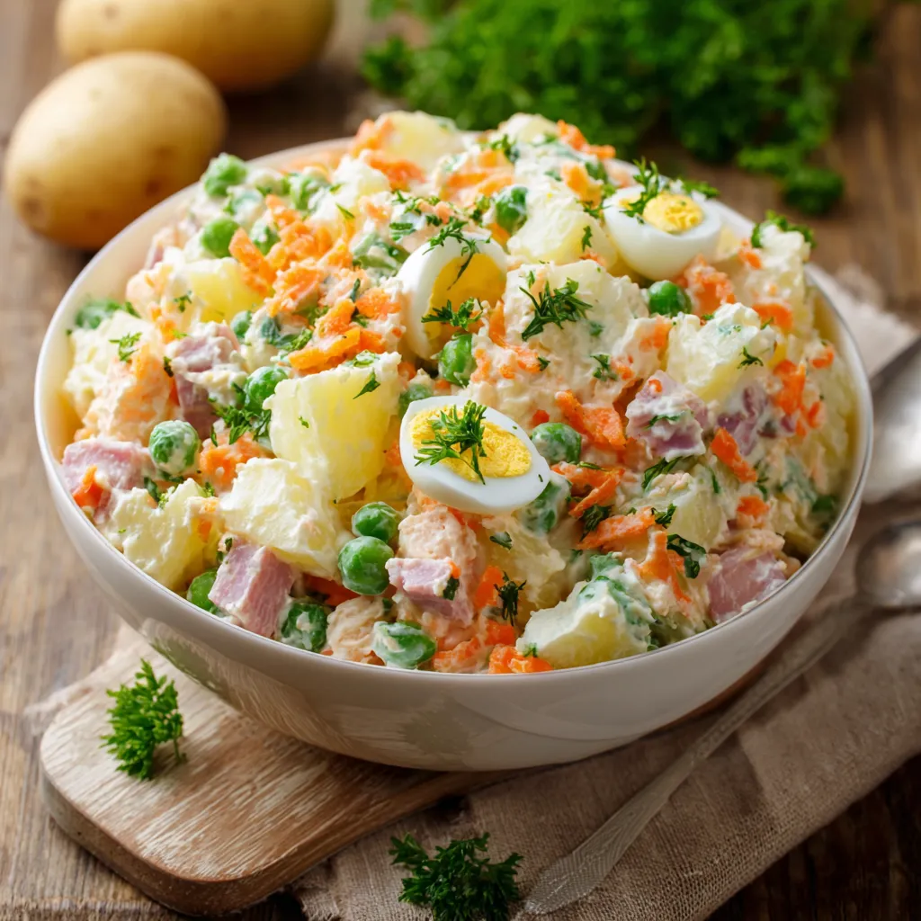 Salade russe colorée avec œufs, pommes de terre, carottes et mayonnaise, servie dans un grand plat