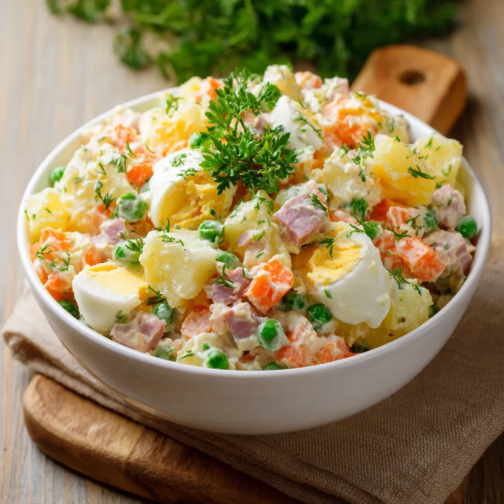 Salade russe colorée avec œufs, pommes de terre, carottes et mayonnaise, servie dans un grand plat