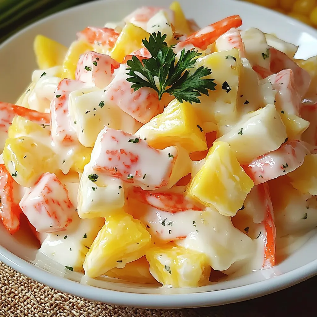 Salade Alaska fraîche avec surimi, carottes râpées, ananas et maïs servie dans un grand bol