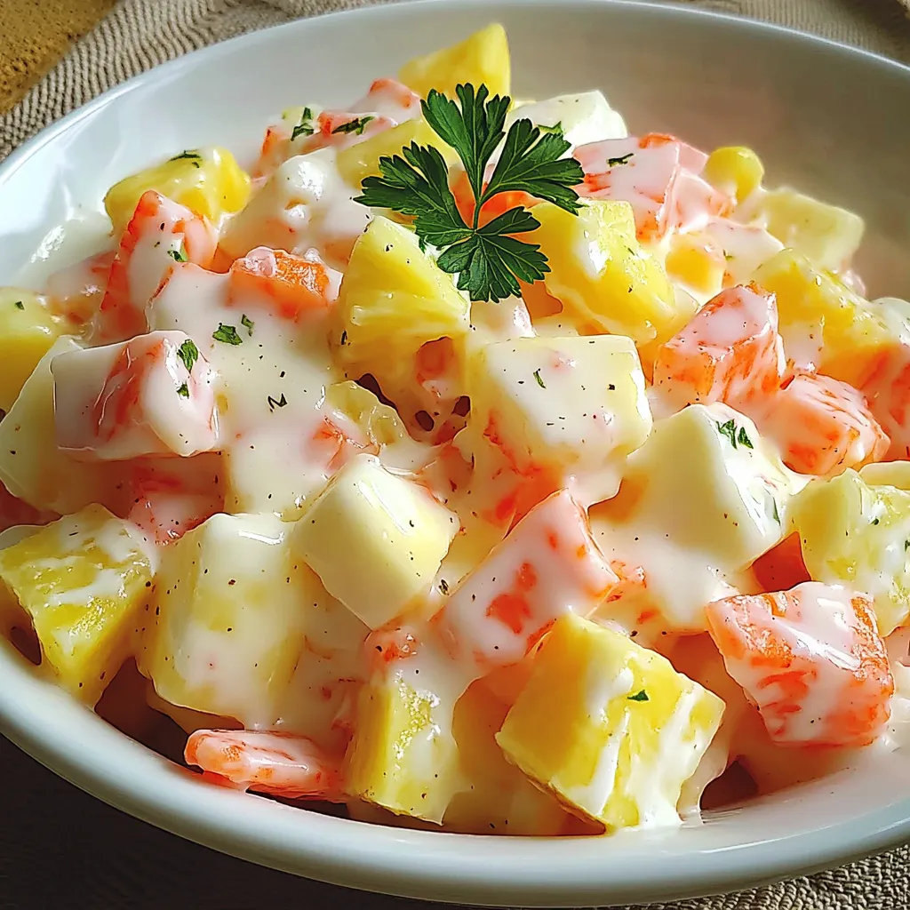 Salade Alaska fraîche avec surimi, carottes râpées, ananas et maïs servie dans un grand bol