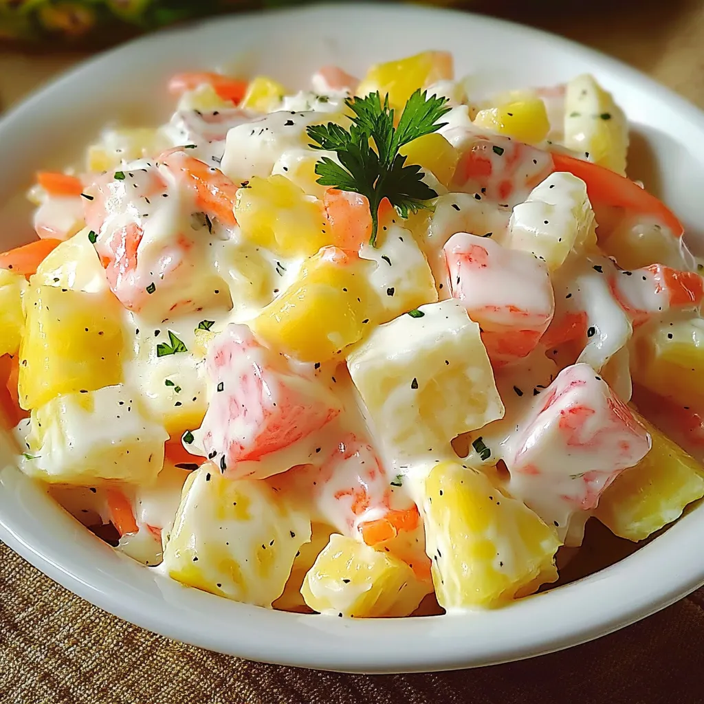 Salade Alaska fraîche avec surimi, carottes râpées, ananas et maïs servie dans un grand bol