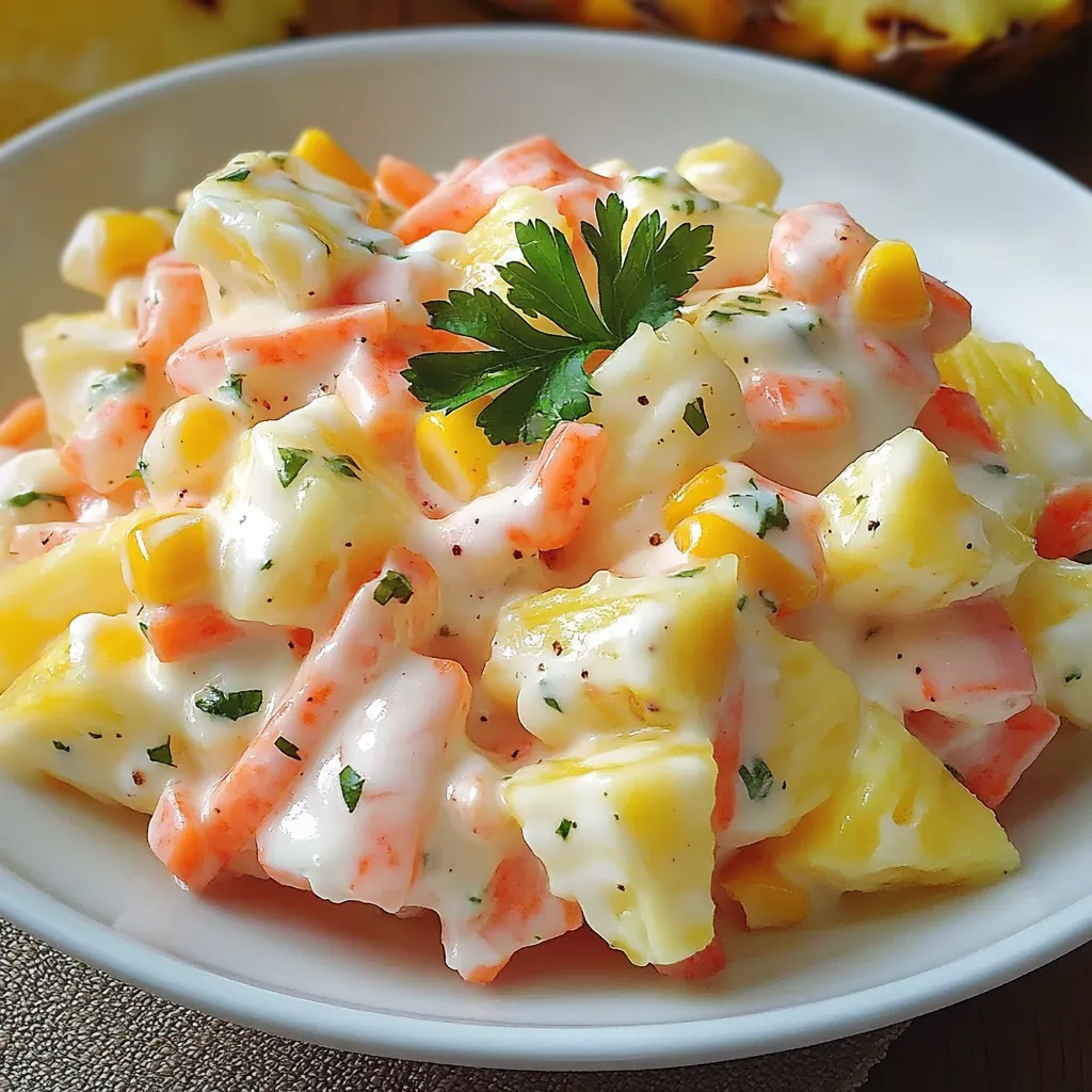 Salade Alaska fraîche avec surimi, carottes râpées, ananas et maïs servie dans un grand bol