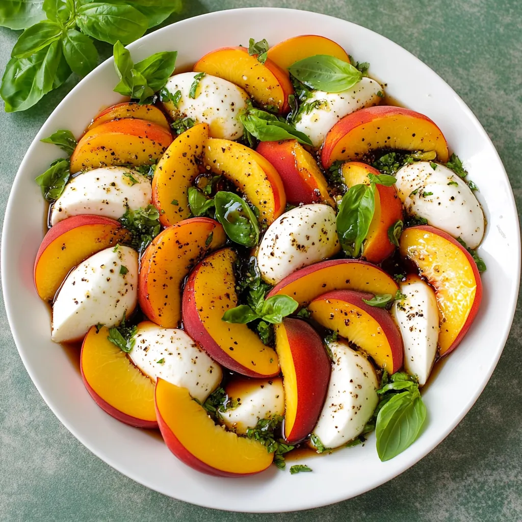 Salade caprese aux pêches et mozzarella servie sur une assiette blanche