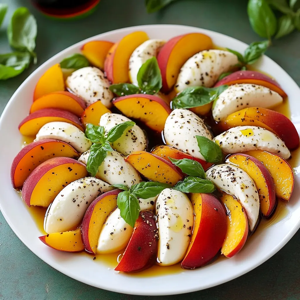 Salade caprese aux pêches et mozzarella servie sur une assiette blanche
